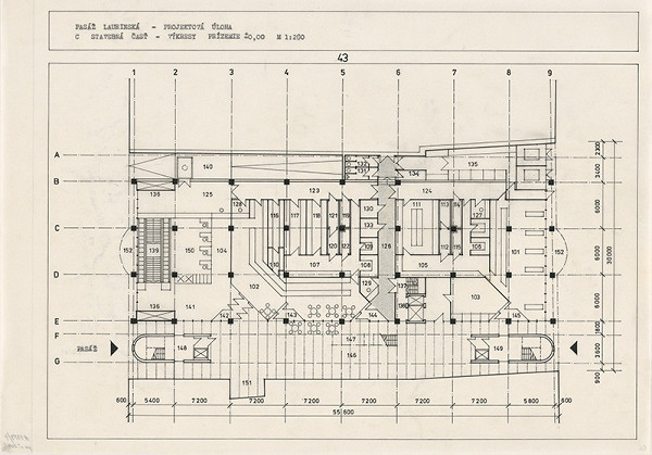 Ivan Matušík – Pasáž Laurinská v Bratislave. Projektová úloha. Časť C: stavebná časť. Pôdorys prízemia (+-0,00). M 1:200.