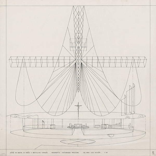 Ivan Matušík – Súťažný návrh na Kostol sv. kríža v Bratislave vo Vrakuni. Perspektíva vnútorného priestoru.