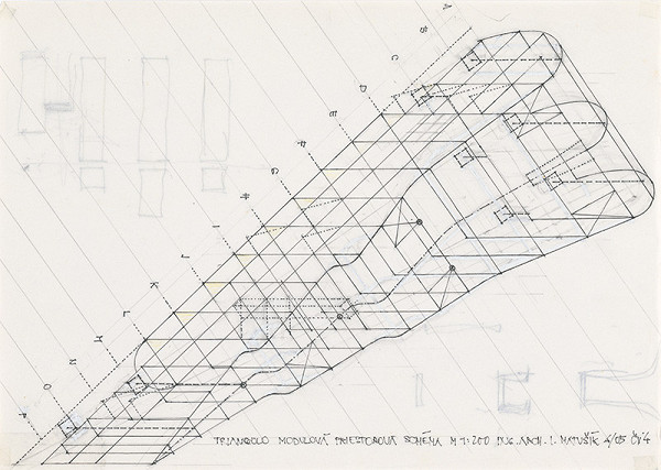 Ivan Matušík – Bytový dom Triangolo v Nitre. Štúdia. Modulová priestorová schéma. M 1:200.