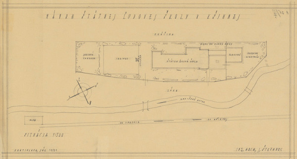 Ján Štefanec – Návrh 6-triednej ľudovej školy pre Kšinú. Nové prepracované riešenie. Situácia pozemku a okolia. M 1:500.