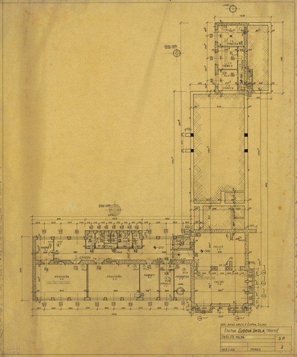 Ferdinand Čapka – Ľudová škola v Trnovom. Pôdorys pivnice. M 1:100.