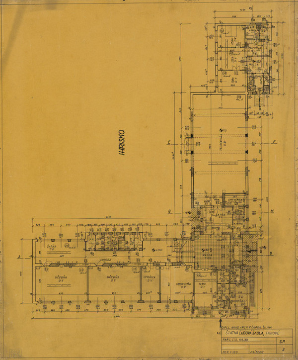 Ferdinand Čapka – Ľudová škola v Trnovom. Pôdorys prízemia. M 1:100.