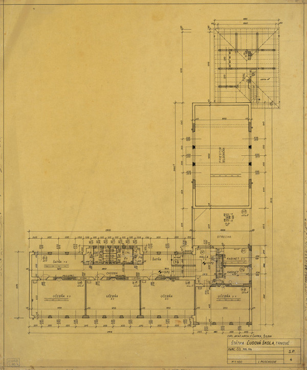 Ferdinand Čapka – Ľudová škola v Trnovom. Pôdorys 1. poschodia. M 1:100.