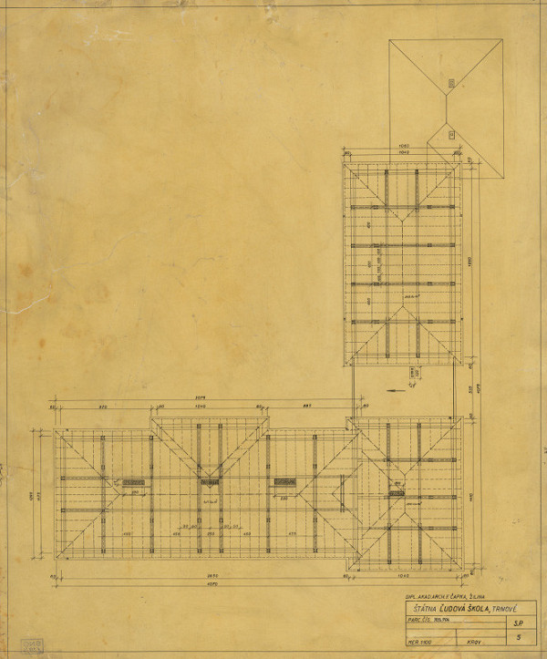 Ferdinand Čapka – Ľudová škola v Trnovom. Pôdorys krovu. M 1:100.