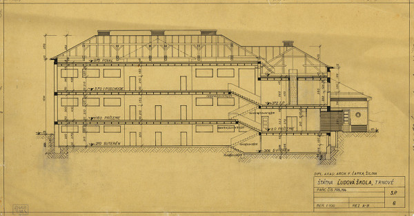Ferdinand Čapka – Ľudová škola v Trnovom. Rez A-B. M 1:100.