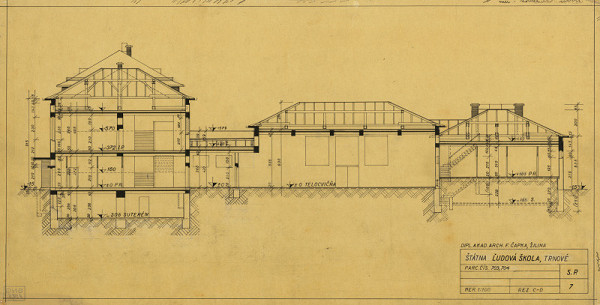 Ferdinand Čapka – Ľudová škola v Trnovom. Rez C-D. M 1:100.