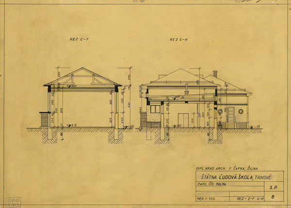 Ferdinand Čapka – Ľudová škola v Trnovom. Rezy E-F, G-H. M 1:100.