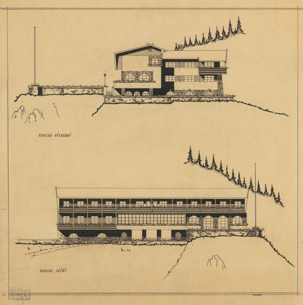Ferdinand Čapka – Návrh horskej chaty v Súľovských skalách. Východný a južný pohľad.