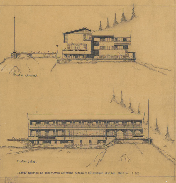 Ferdinand Čapka – Návrh horskej chaty v Súľovských skalách. Východný a južný pohľad. M 1:200.