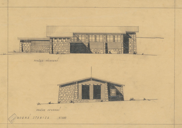 Ferdinand Čapka – Štúdia horskej stanice lanovky. Východný a severný pohľad hornej stanice. M 1:100.