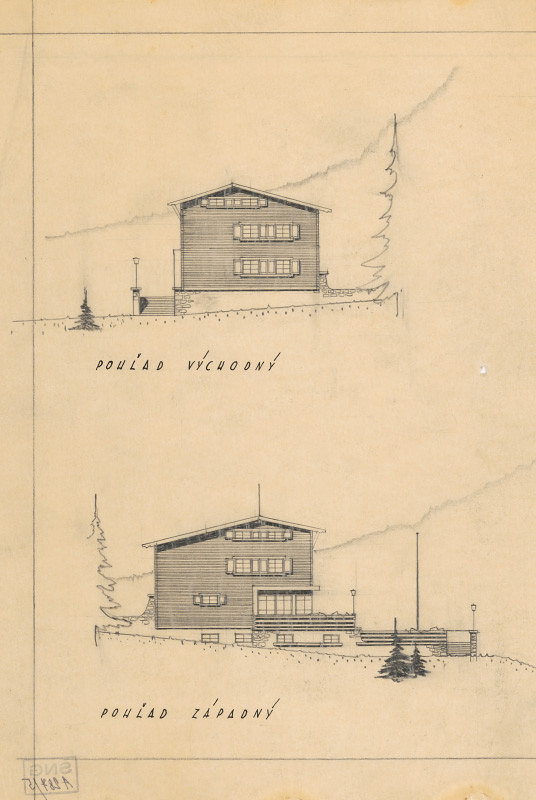 Ferdinand Čapka – Návrh horskej chaty. Východný a západný pohľad.