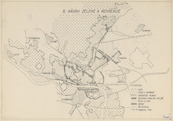 Ján Svetlík – Náčrt územného plánu pre Bratislavu. Návrh zelene a rekreácie s legendou.
