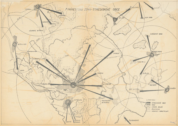 Ján Svetlík – Náčrt územného plánu pre Bratislavu. Prímestská zóna - strediskové obce s legendou.