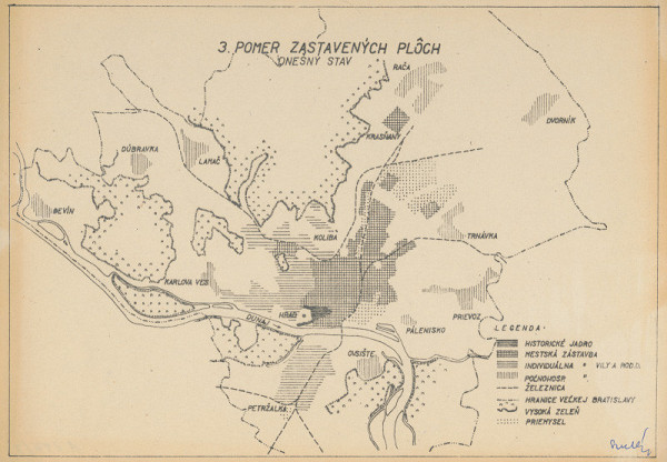 Ján Svetlík – Náčrt územného plánu pre Bratislavu. Pomer zastavaných plôch. Dnešný stav s legendou.