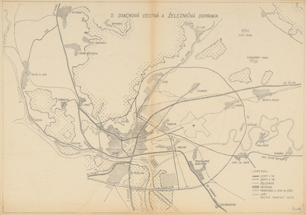 Ján Svetlík – Náčrt územného plánu pre Bratislavu. Diaľková cestná a železničná doprava s legendou.