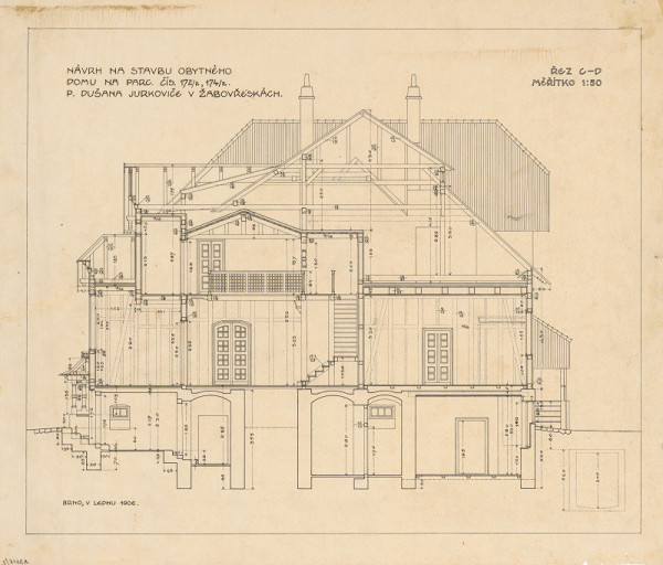 Dušan Samuel Jurkovič – Vila Žabovřesky, Brno. Rez C - D.  M 1:50