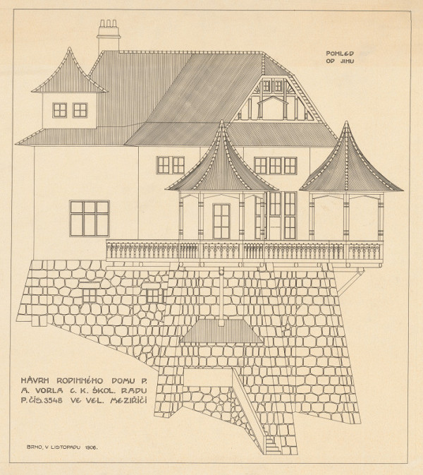 Dušan Samuel Jurkovič – Rodinný dom pre P.A. Vorla, c.k. školskej rady,  Veľké Měziříčí. Pohľad od juhu.