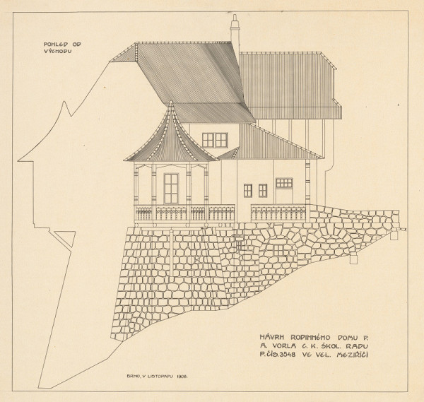 Dušan Samuel Jurkovič – Rodinný dom pre P.A. Vorla, c.k. školskej rady,  Veľké Měziříčí. Pohľad od východu.