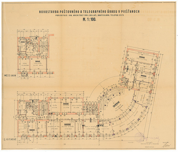 Emil Belluš – Novostavba poštového a telegrafného úradu v  Piešťanoch - I.poschodie. M 1:100