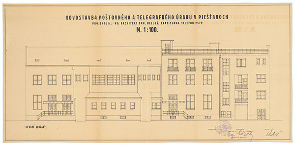 Emil Belluš – Novostavba poštového a telegrafného úradu v  Piešťanoch - dvorné pohľady. M 1:100