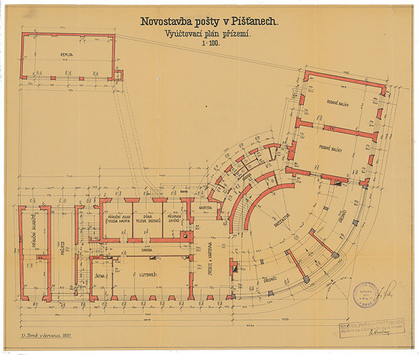 Emil Belluš – Novostavba pošty v Píšťanech - vyúčtovací plán přízemí. M 1:100