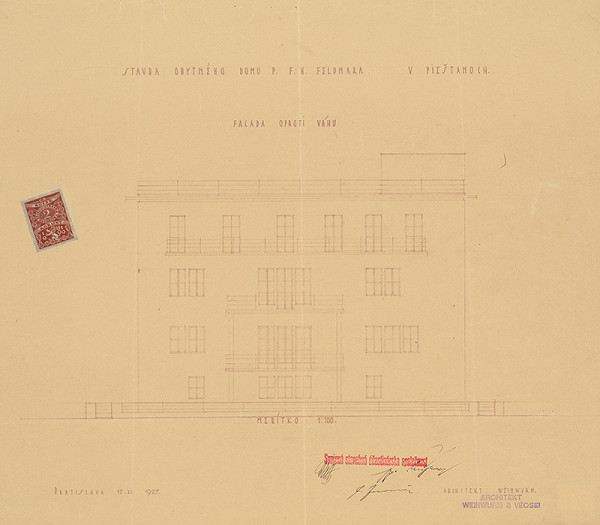 Friedrich Weinwurm, Ignác Vécsei – Obytný dom pre pána Evžena Feldmára v Piešťanoch - fasáda oproti Váhu. M 1:100