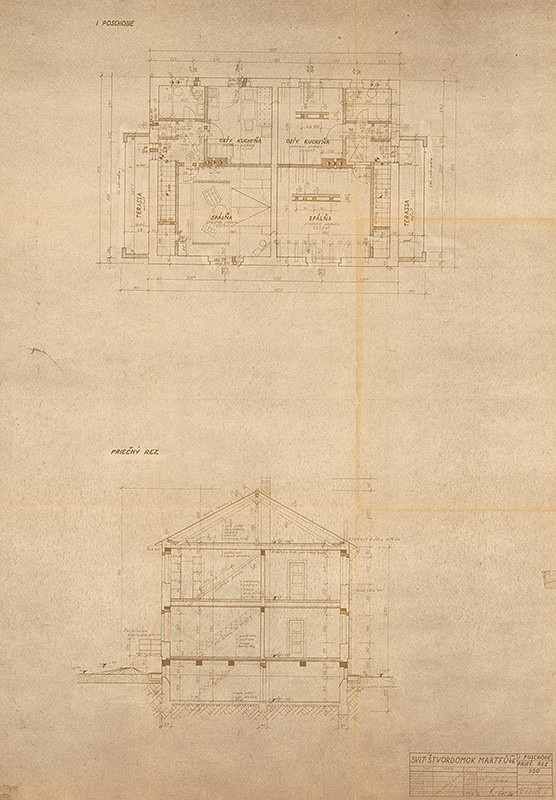Neznámy autor – Svit. Štvordom Martfů 46. Pôdorys I. poschodia a priečny rez. M 1:50