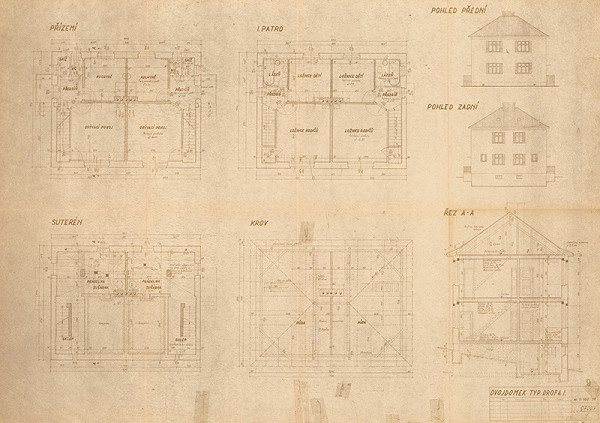 Neznámy autor – Svit - Dvojdom typ „DROFA“. Pôdorysy, pohľady a rez A-A. M 1:50, M 1:100