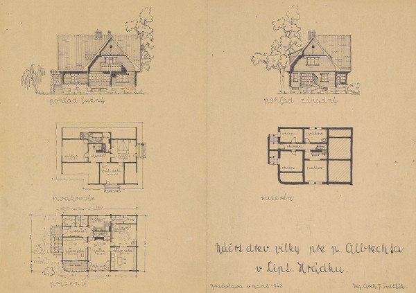 Ján Svetlík – Drevená vilka p. Albrechta v Liptovskom Hrádku. Pôdorys suterénu, prízemia a podkrovia, južný a západný pohľad.