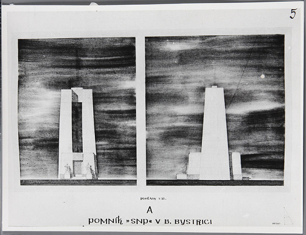 Ladislav Beisetzer, Neznámy autor – Súťaž na pomník SNP na Bánoši v Banskej Bystrici. Perspektíva exteriéru: čelný a bočný pohľad (M1:50)