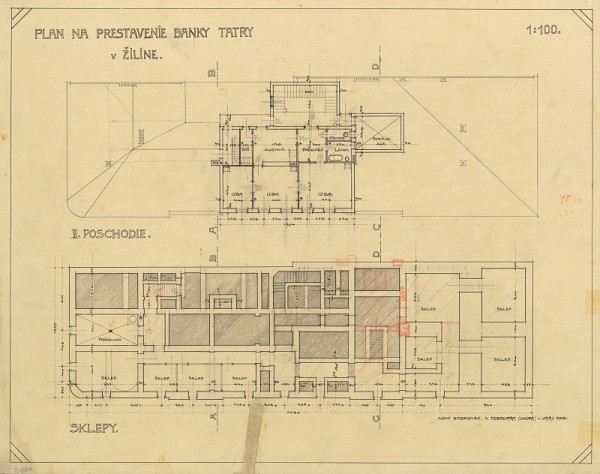 Milan Michal Harminc – Prestavba Tatra banky v Žiline. Pôdorys 2. poschodia a sklepu. M 1:100.