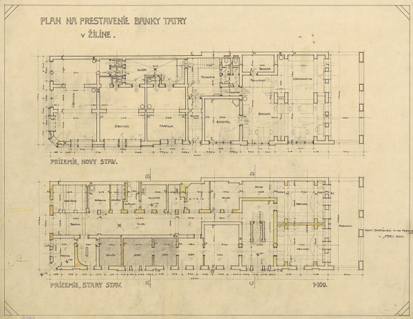 Milan Michal Harminc – Prestavba Tatra banky v Žiline. Pôdorys prízemia. Starý a nový stav. M 1:100.