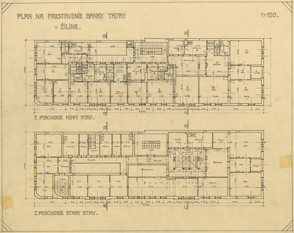 Milan Michal Harminc – Prestavba Tatra banky v Žiline. Pôdorys 1. poschodia. Starý a nový stav. M 1:100.