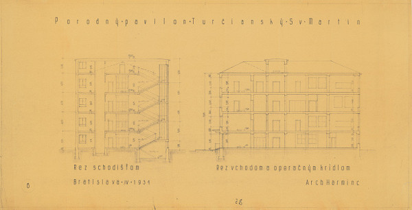 Milan Michal Harminc – Pôrodný pavilón v Martine. Rez schodišťom, rez vchodom a operačným krídlom