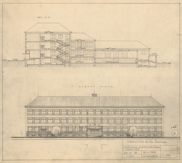 Milan Michal Harminc – Katolícka a evanjelická ľudová škola v Skalici. Súťažný návrh - alternatíva "Δ". Hlavný pohľad a rez. M 1:200.