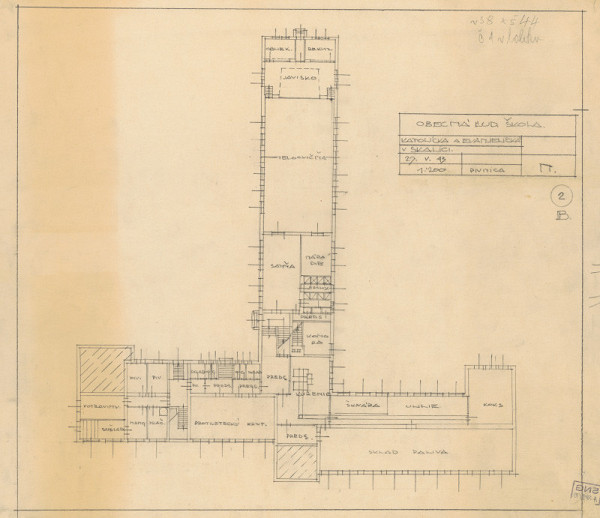 Milan Michal Harminc – Katolícka a evanjelická ľudová škola v Skalici. Súťažný návrh - alternatíva "B". Pôdorys pivnice. M 1:200.