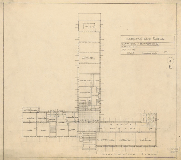 Milan Michal Harminc – Katolícka a evanjelická ľudová škola v Skalici. Súťažný návrh - alternatíva "B". Pôdorys prízemia. M 1:200.