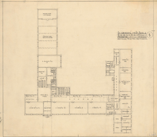Milan Michal Harminc – Meštianska škola v Skalici. Pôdorys prízemia. M 1:200.