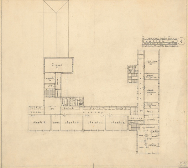 Milan Michal Harminc – Meštianska škola v Skalici. Pôdorys 1. poschodia. M 1:200.