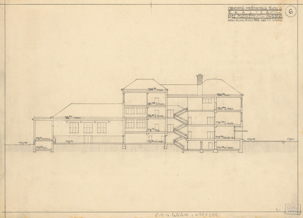 Milan Michal Harminc – Meštianska škola v Skalici. Pozdĺžny rez. M 1:200.