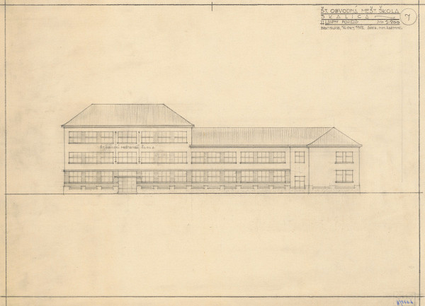Milan Michal Harminc – Meštianska škola v Skalici. Hlavný pohľad. M 1:200.
