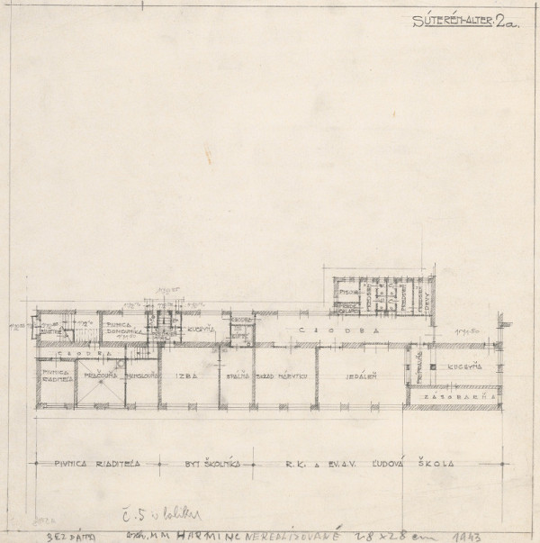 Milan Michal Harminc – Ľudová a meštianska škola v Skalici. Pôdorys suterénu. Alternatíva. M nezn.