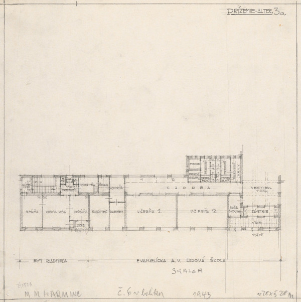 Milan Michal Harminc – Ľudová a meštianska škola v Skalici. Pôdorys prízemia. Alternatíva. M nezn.