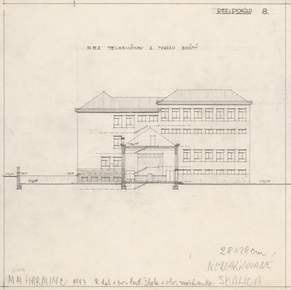 Milan Michal Harminc – Ľudová a meštianska škola v Skalici. Rez telocvičňou a pohľad bočný. M nezn.