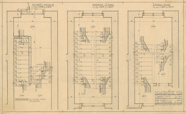 Milan Michal Harminc – Obecný dom v Petrovej Vsi. Schodište. Pôdorysy suterén - prízemie, prízemie - I. poschodie, I. poschodie - povaľ. M 1:20.