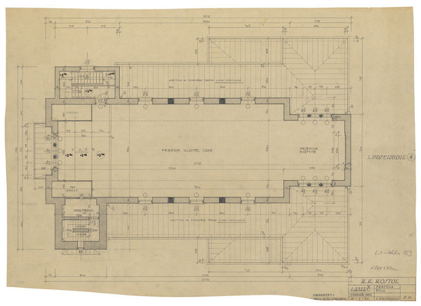 Milan Michal Harminc – Rímsko-katolícky kostol v Lamači. Pôdorys 1. poschodia. M 1:50.