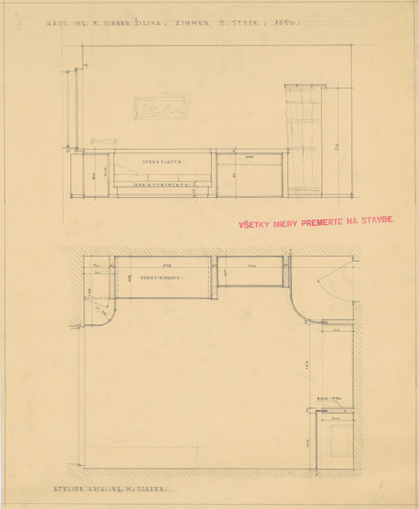Michal Maximilián Scheer – Vlastný dom v Žiline na Ulici 28. októbra č. 15. Návrh zariadenia izby na 2. poschodí. M 1:20
