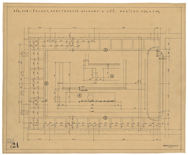 Emil Belluš – Národný dom v Banskej Bystrici. Železobetonové konštrukcie balkóna a lóží divadelnej sály. M 1:50. M 1:10.