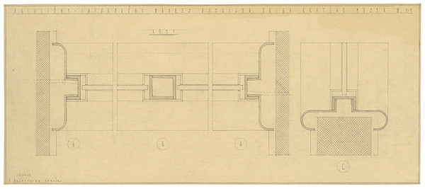 Emil Belluš – Železobetónový krytý kúpeľný most v Piešťanoch. Približný informačný nákres detailov okien krytého mostu. Rezy. M 1:1.