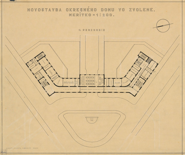 Emil Belluš – Okresný dom vo Zvolene. Pôdorys 2. poschodia. M 1:200.